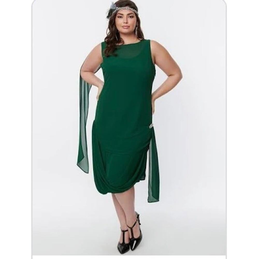 Unique Vintage 1920s Flapper Dress Emerald Green with Peacock Headband Sz L# 37
